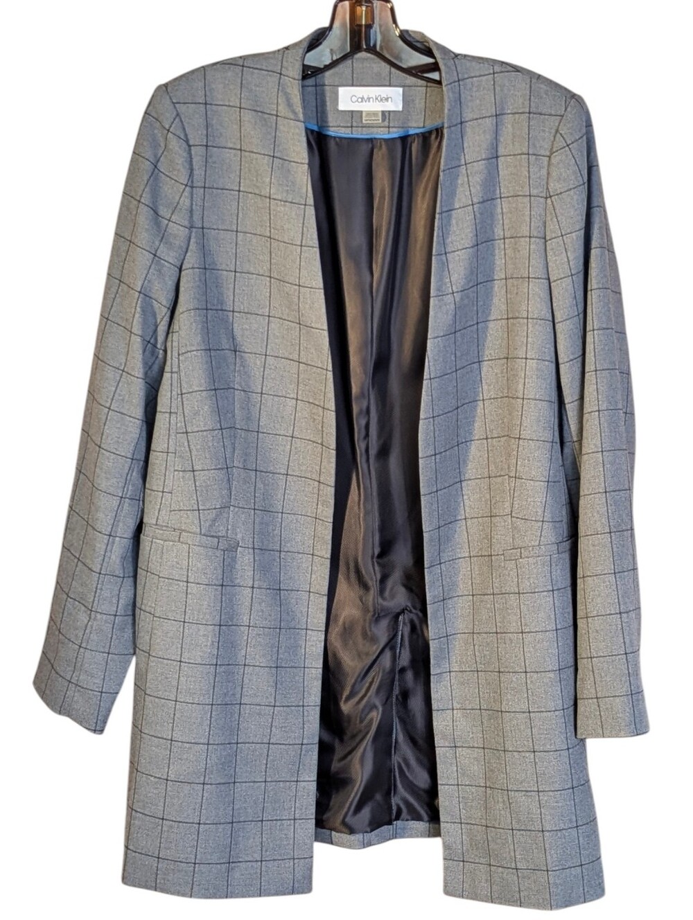 Calvin Klein Gray Windowpane Long Open-Front Blazer 14P Minimalist Professional